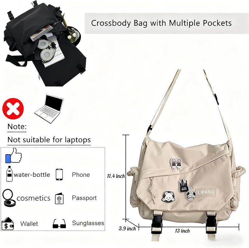 INSHERE Aesthetic Crossbody Bag with Cute Pins and Ornament, Nylon Shoulder Messenger Bag Japanese Kawaii Bag for Women Men - Image 3